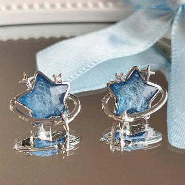 DAIIIBABYYY  -  Sweet Blue Crystal Pentagram Stud Earrings for Women Girls Romantic Starry Sky Heart Pearl Design Y2K Accessorie Fashion Jewelry